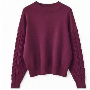 ZARA Knit Maroon Cable Sleeve Sweater Women’s Size Large Chunky Cozy Pullover